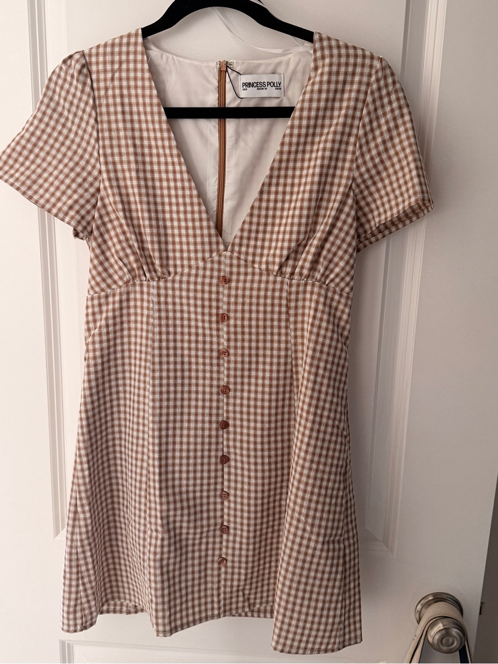 Princess Polly Beige Gingham Button-Front Dress